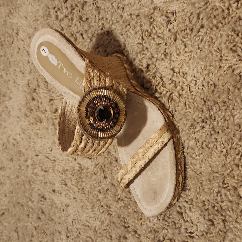 Gorgeous! Two Lips 3" neutral sandal wedge heel. Size 7 BRAND NEW NEVER WORN!